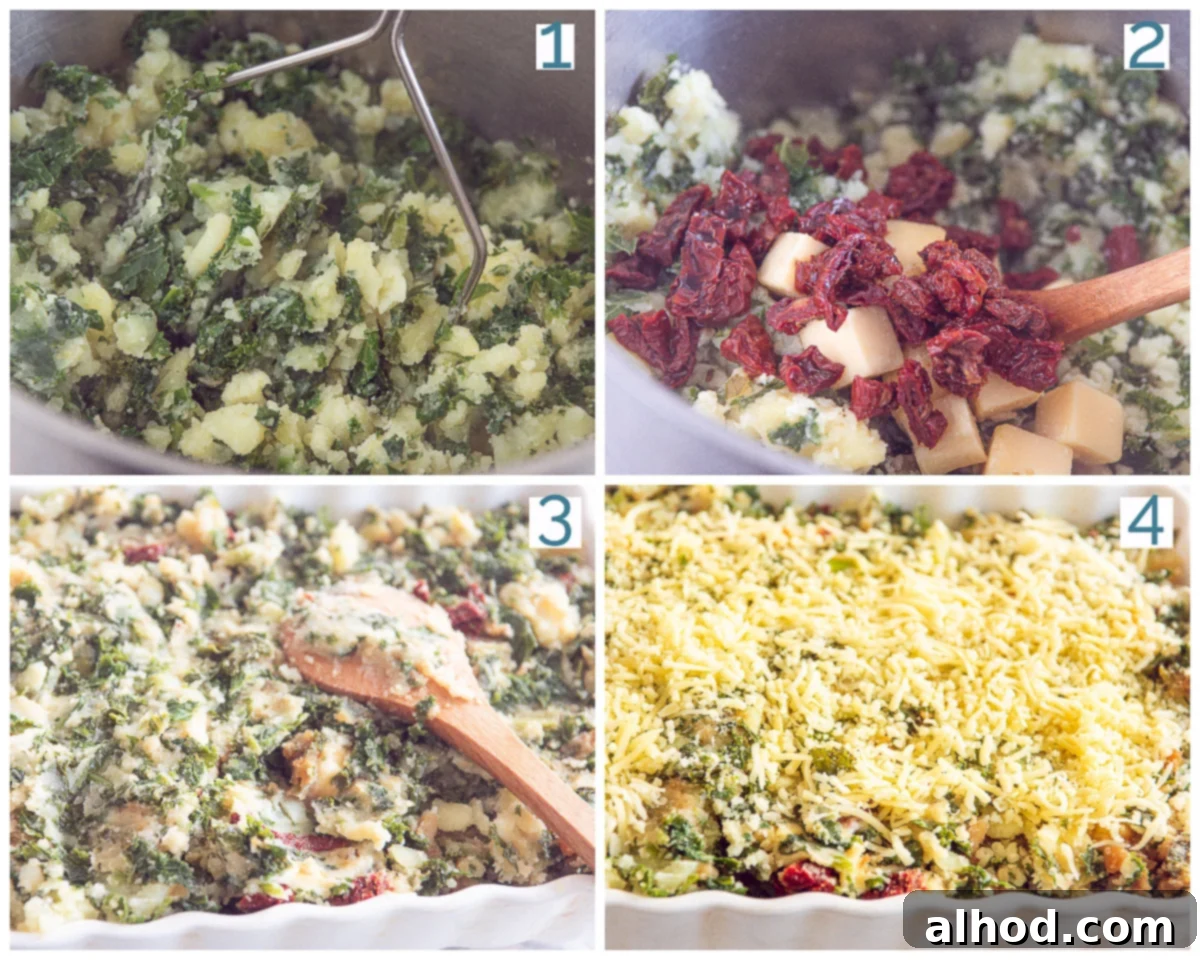 Hearty Kale and Potato Bake 4 a pan filled with kale