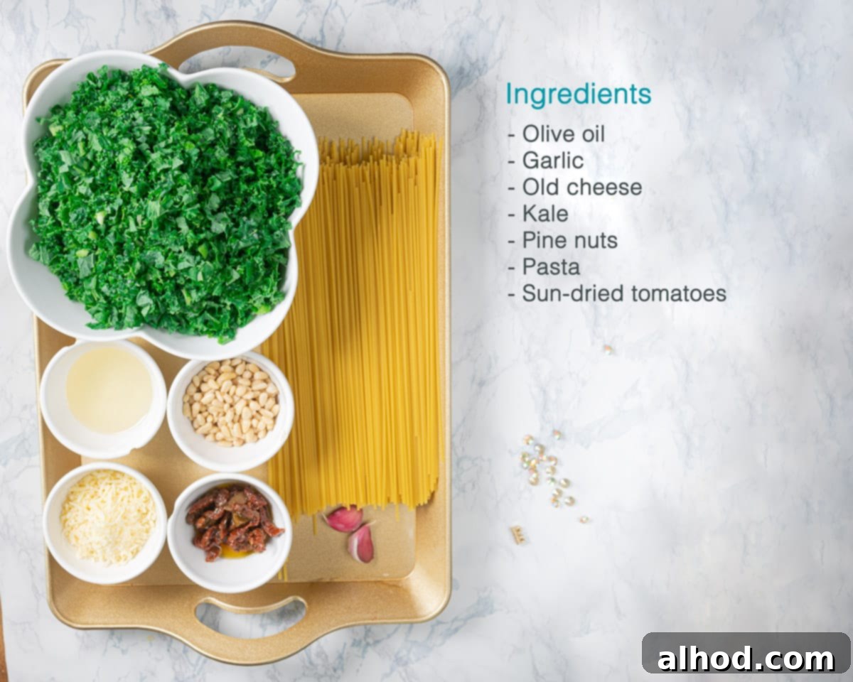 Vibrant Kale Pesto Pasta 3 Ingredients Kale Pesto Pasta on the left on a golden tray. To the right a text description of the ingredients