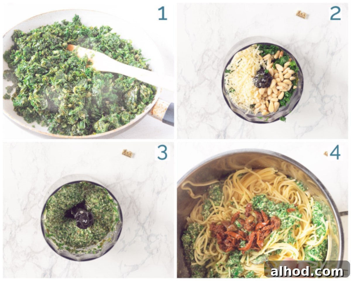 Vibrant Kale Pesto Pasta 4 4 steps collage preparation Spaghetti with Kale pesto