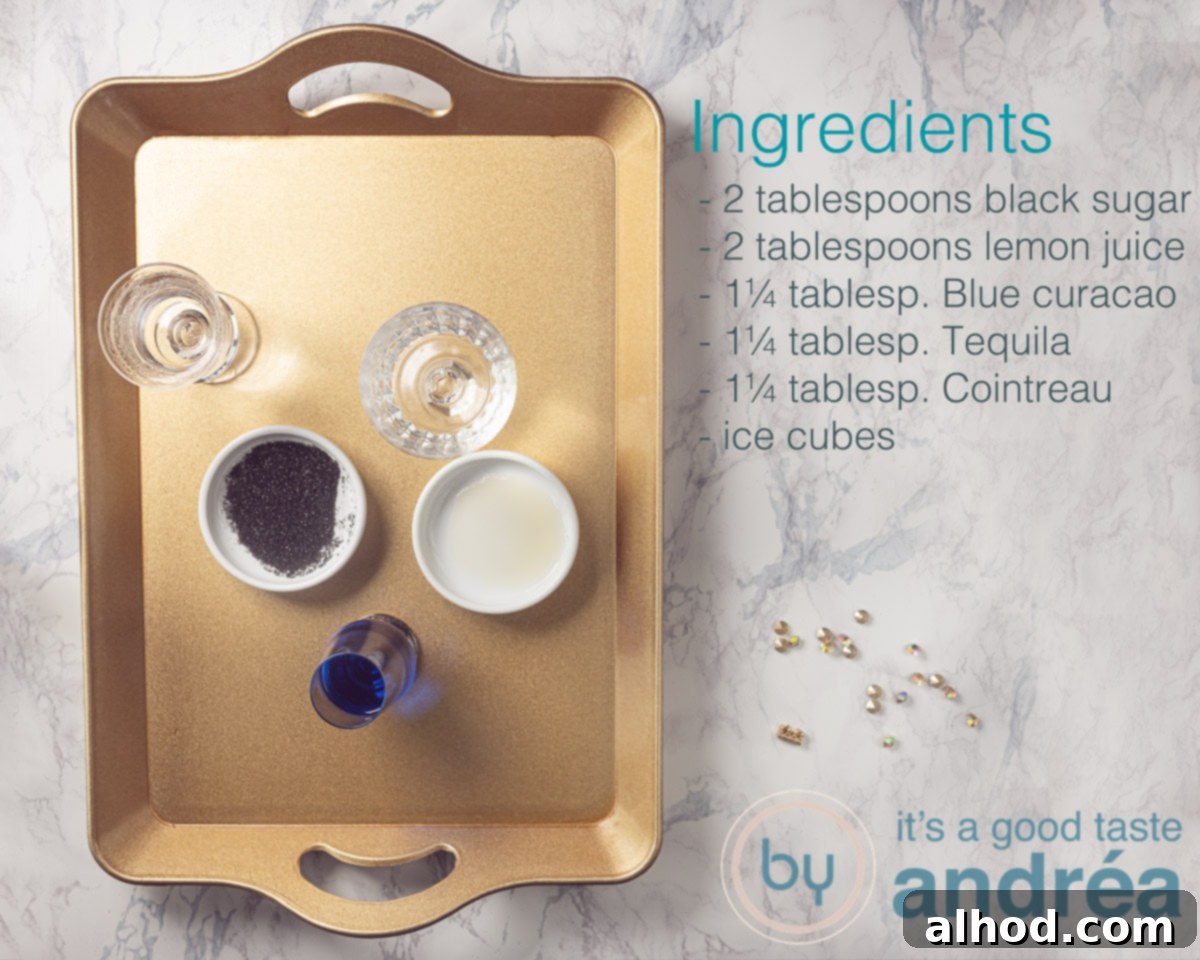 Close-up of ingredients for a Halloween blues cocktail including blue curaçao, tequila, cointreau, black sugar, and lemon juice on a rustic wooden surface.