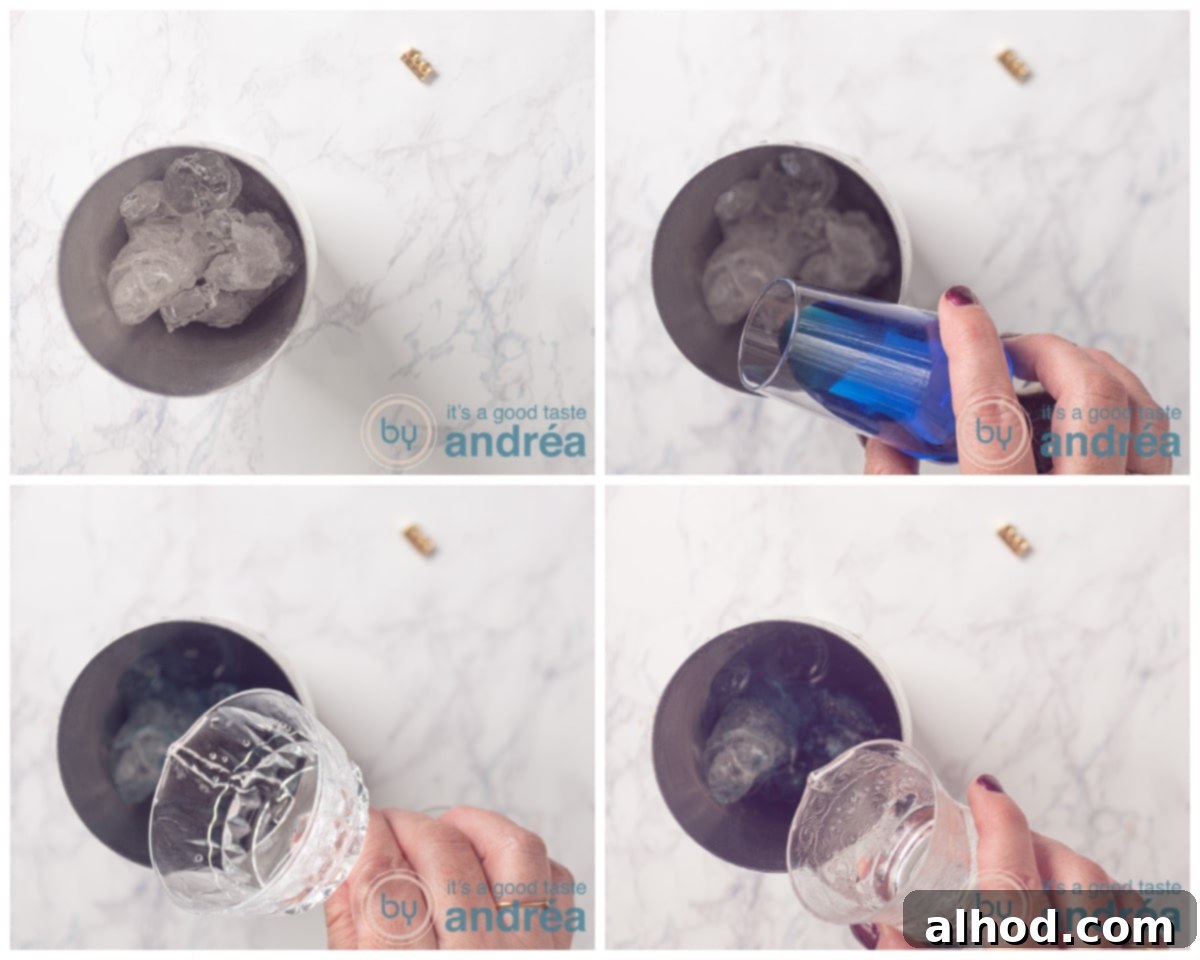 Adding ice cubes, Blue Curaçao, Tequila, and Cointreau into a cocktail shaker, ready for mixing.