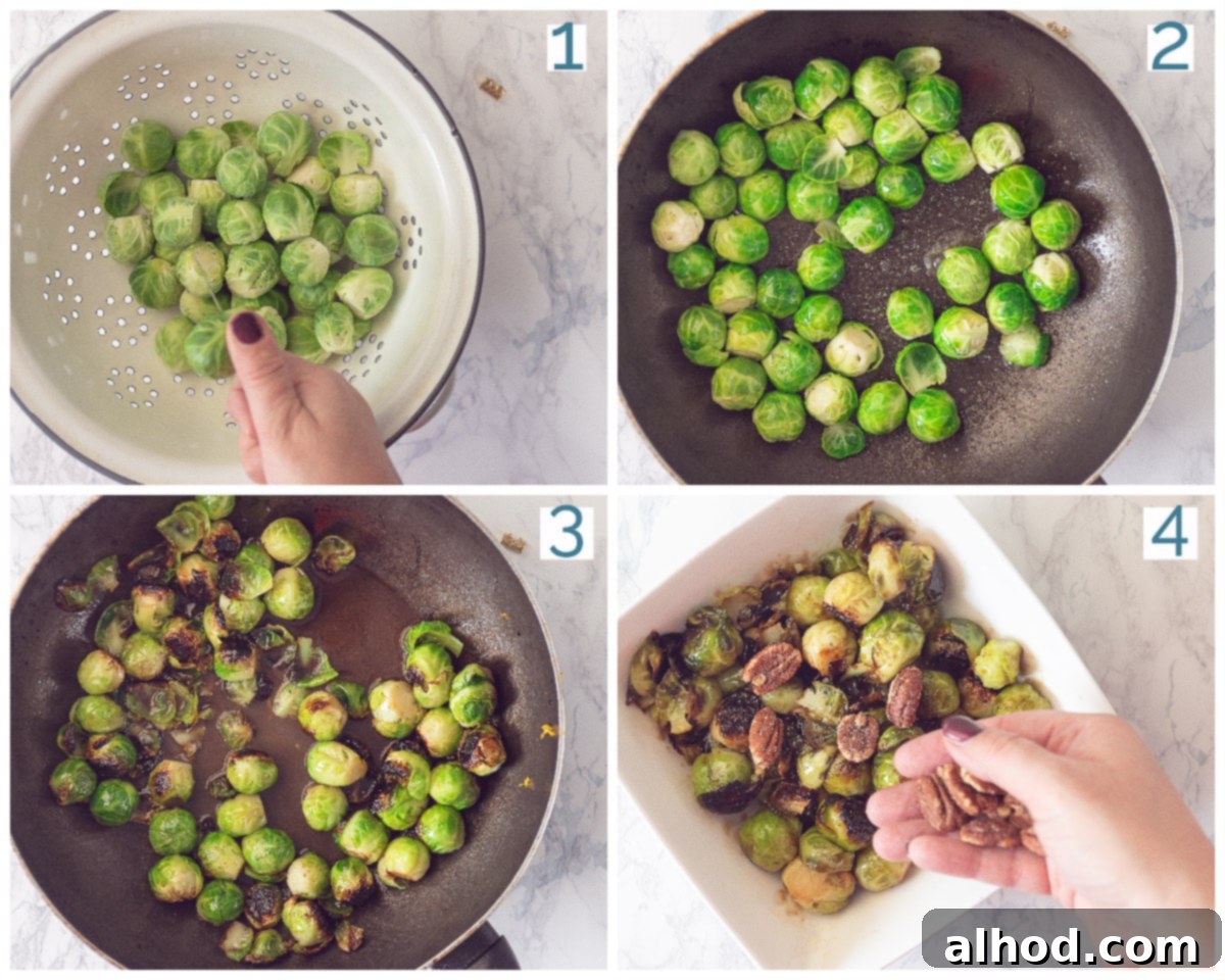 Zesty Orange Glazed Brussels Sprouts 4 A four-panel collage showcasing the step-by-step preparation process for Orange Glazed Brussels Sprouts, from initial stir-frying to adding the glaze and pecans.
