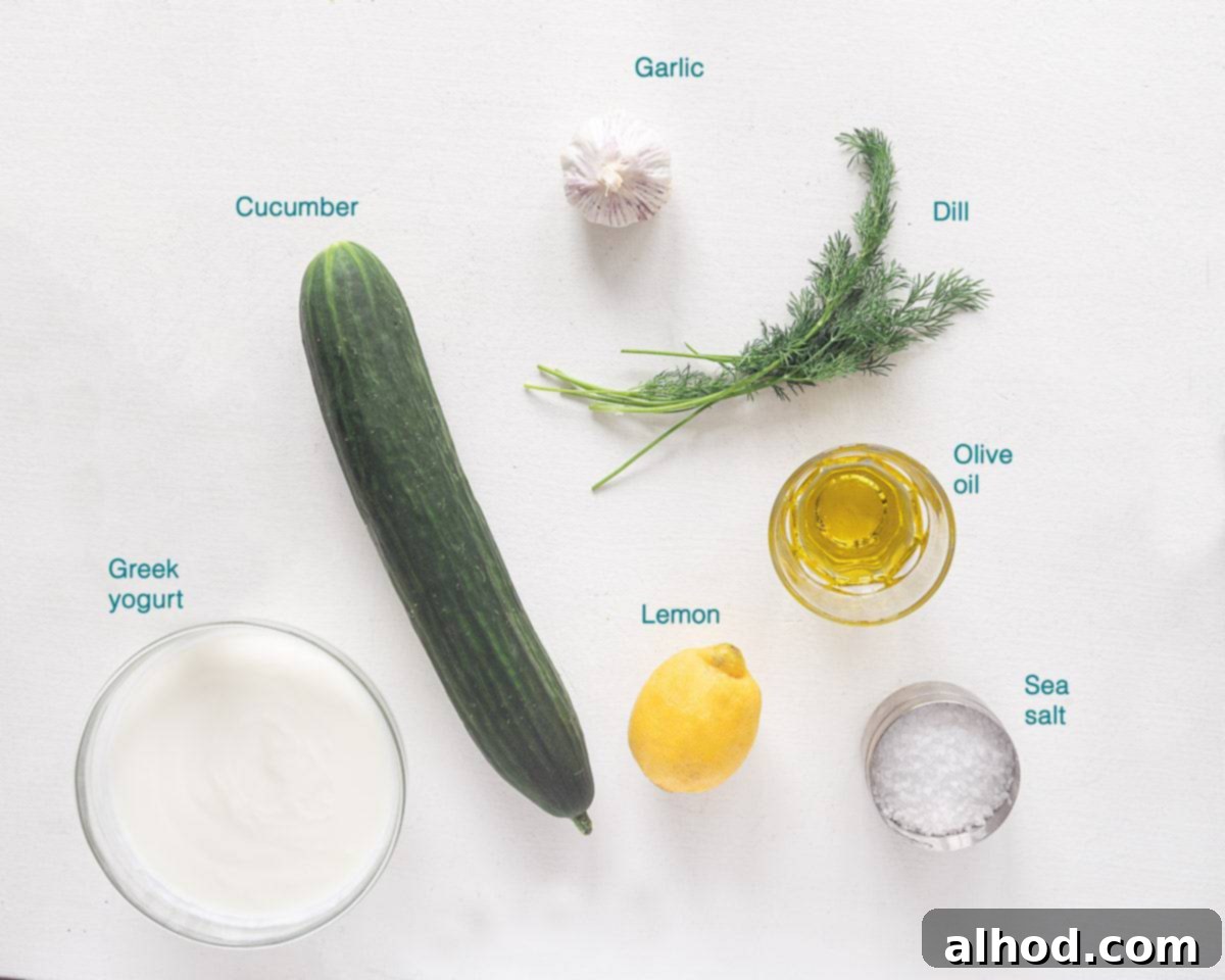 Refreshing Cucumber Yogurt Dip 3 A carefully arranged flat lay of fresh ingredients for Tzatziki: cucumber, Greek yogurt, garlic, dill, olive oil, lemon, and sea salt, all individually labeled on a clean white background.