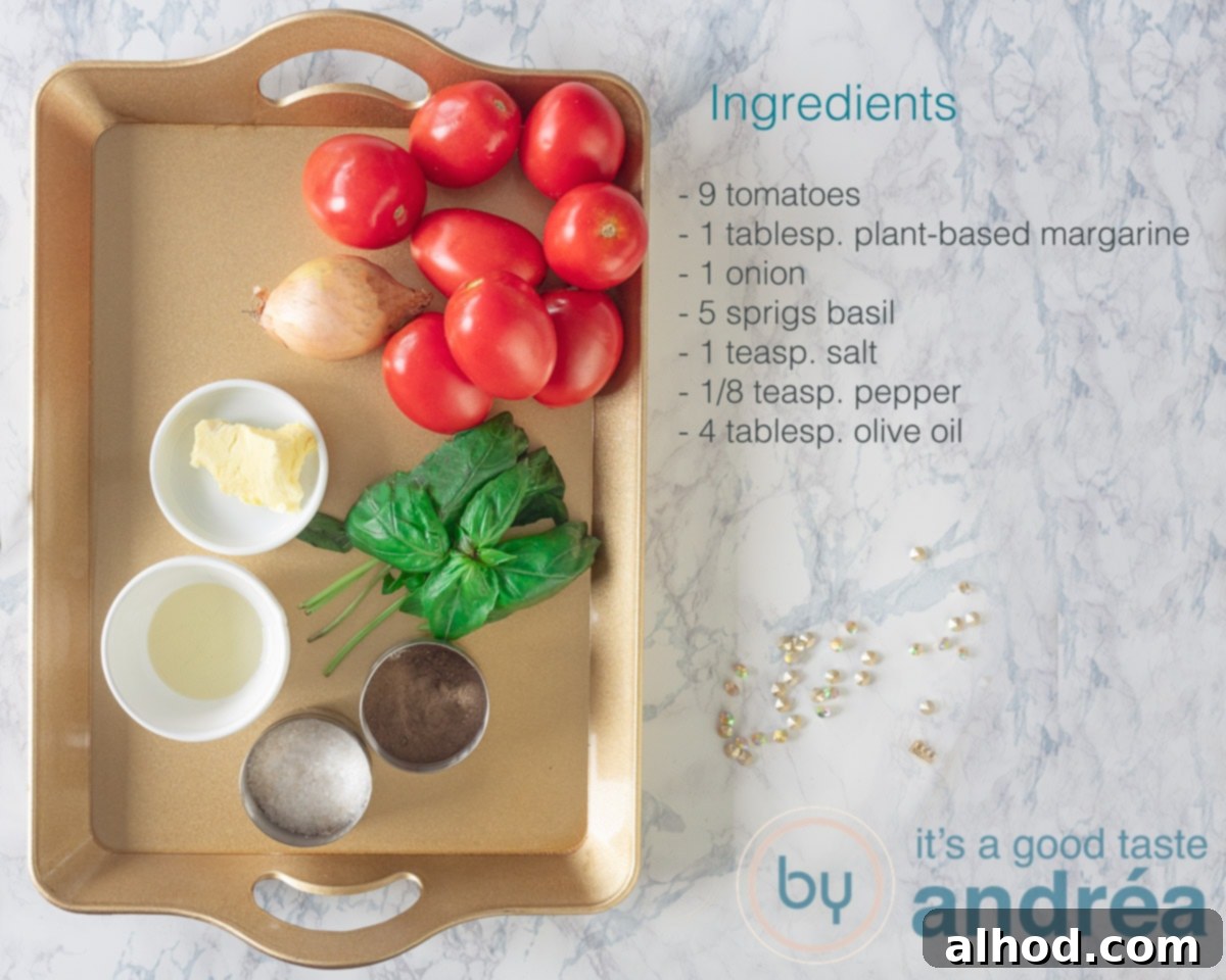 Sun-Kissed Homemade Tomato Soup 3 Fresh ingredients for vegan tomato soup including tomatoes, onion, and basil