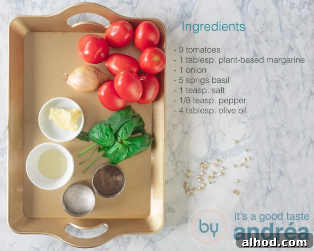Garden Fresh Tomato Soup 3 Close-up of fresh ingredients for making vegan tomato soup: ripe tomatoes, a brown onion, vibrant basil leaves, and a block of plant-based margarine.