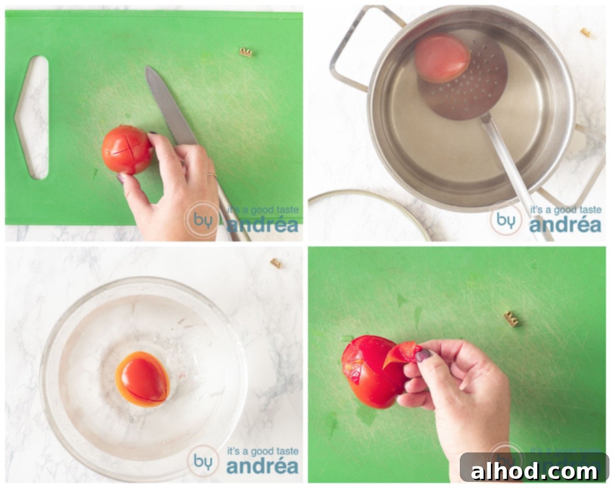 Sun-Kissed Homemade Tomato Soup 4 Four-step process to remove the skin from a tomato