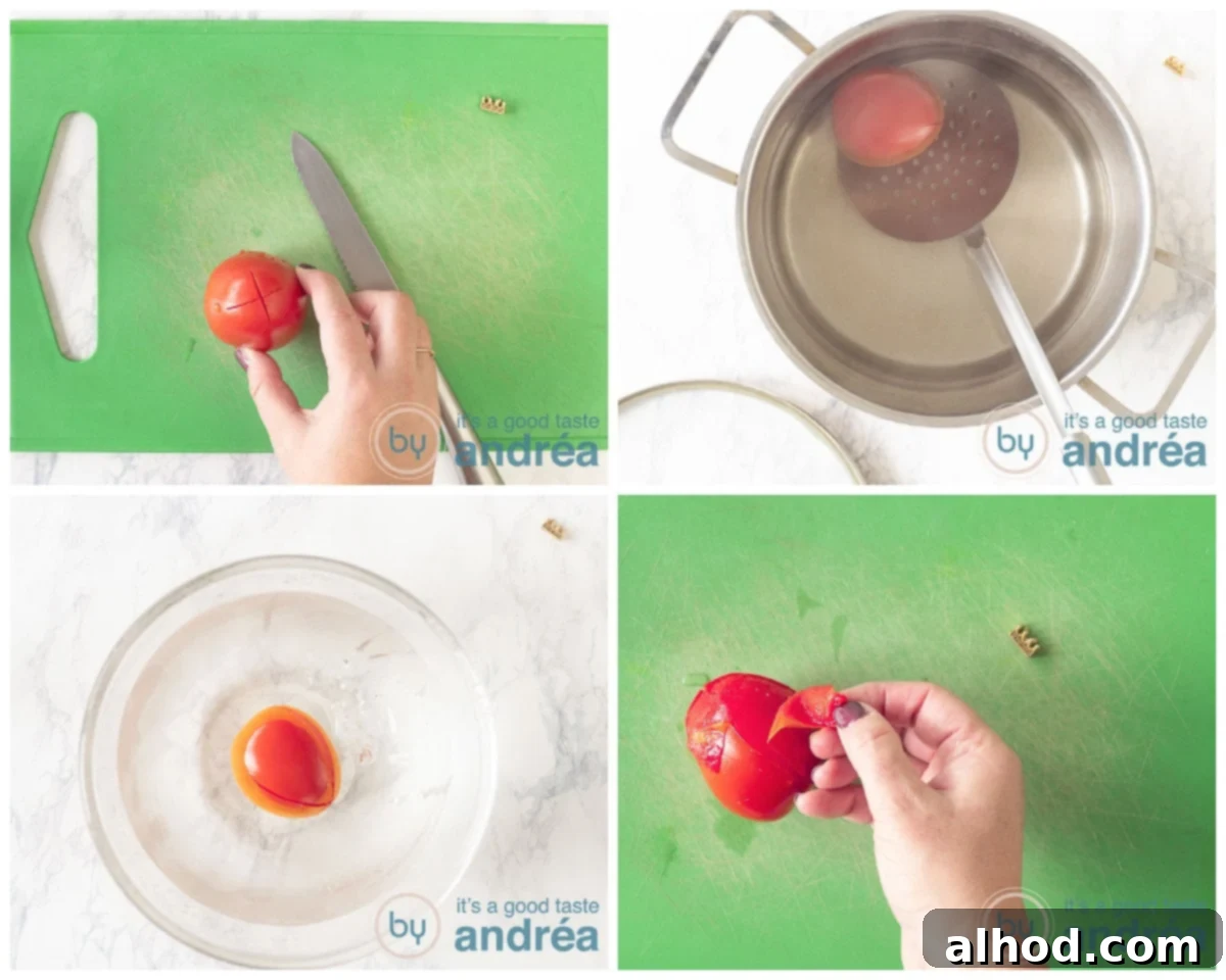 Garden Fresh Tomato Soup 4 A four-panel image demonstrating the process of peeling tomatoes: scoring an 'X', blanching in boiling water, cooling in an ice bath, and finally, peeling the loosened skin easily.