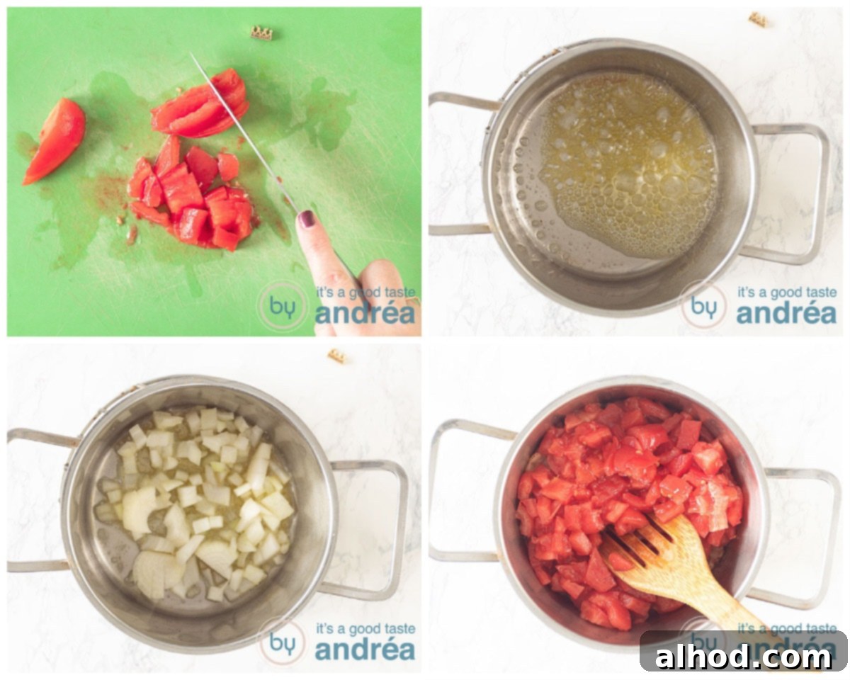 Sun-Kissed Homemade Tomato Soup 5 Chopping and stewing tomatoes and onions for soup