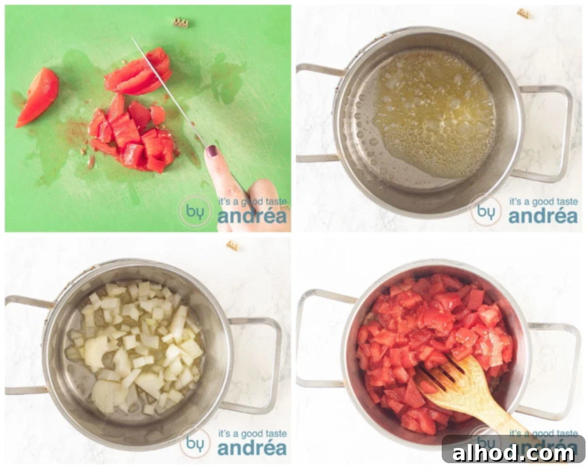 Garden Fresh Tomato Soup 5 An overhead shot showing the process of chopping peeled tomatoes into small cubes, followed by stewing them gently with translucent onions in a saucepan.