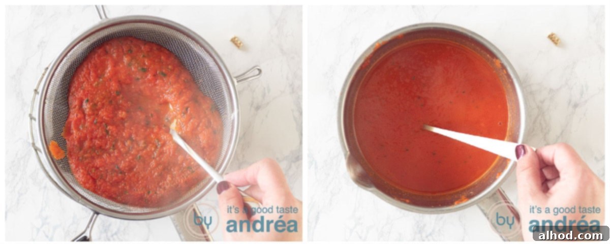 Sun-Kissed Homemade Tomato Soup 7 Straining the pureed tomato soup through a fine sieve