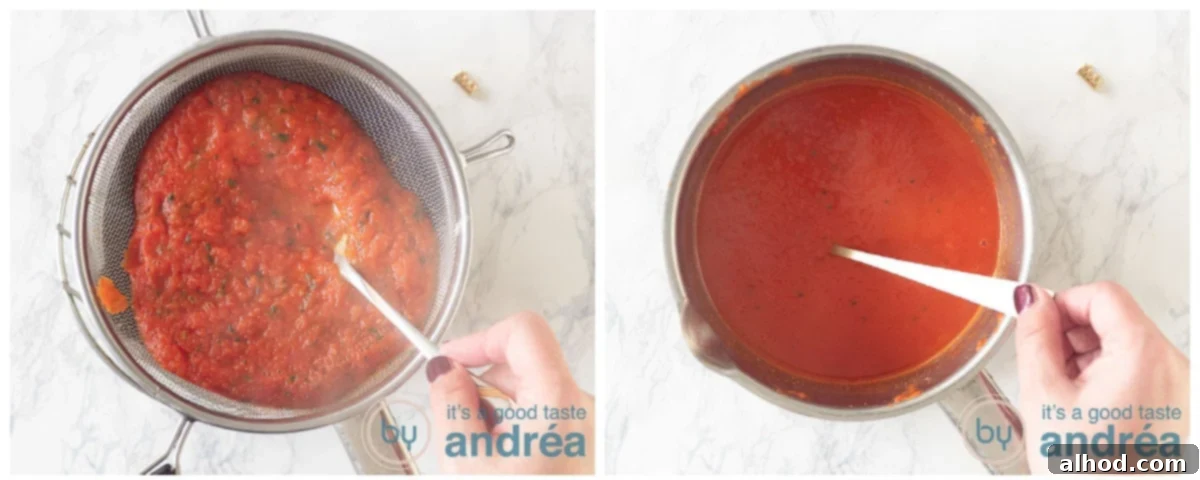 Garden Fresh Tomato Soup 7 A two-panel image showing the process of sieving blended tomato soup through a fine-mesh sieve with a spoon, and then gently reheating the now smooth soup in a clean saucepan before serving.