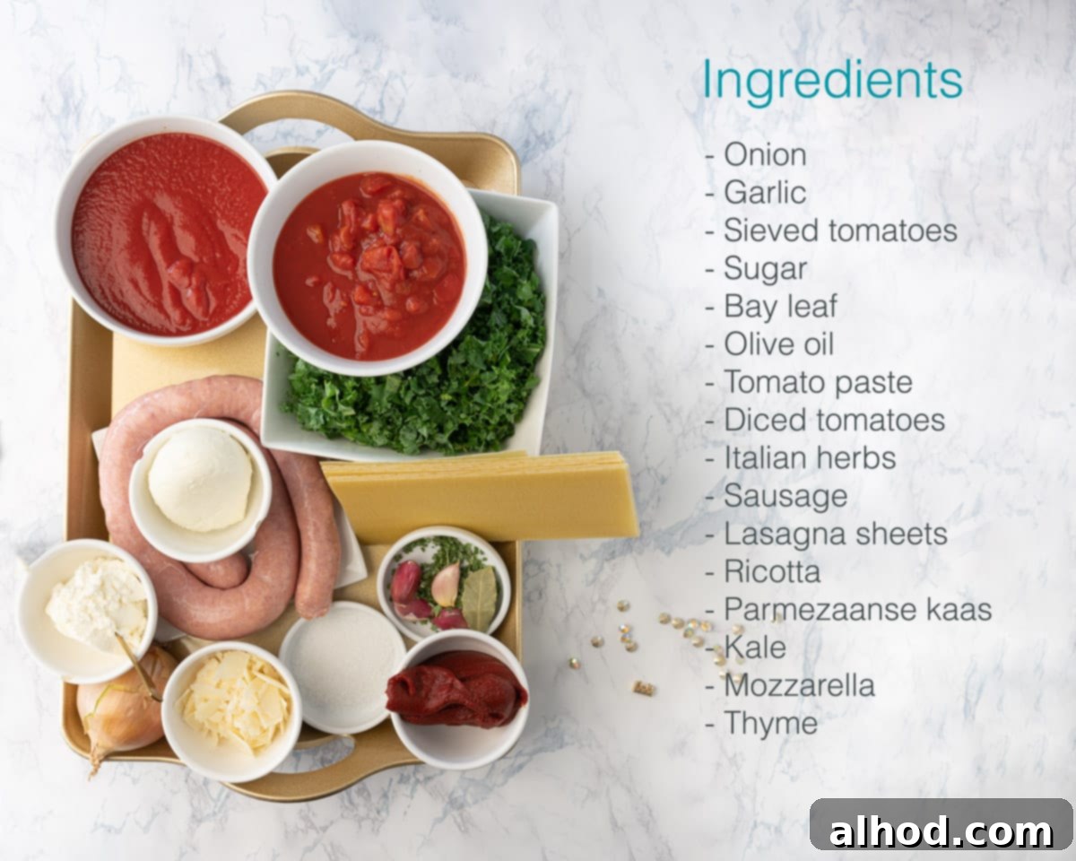 Hearty Sausage and Kale Lasagna Bake 3 Ingredients for Sausage and Kale Lasagna displayed on a golden tray, with a text description list beside them.