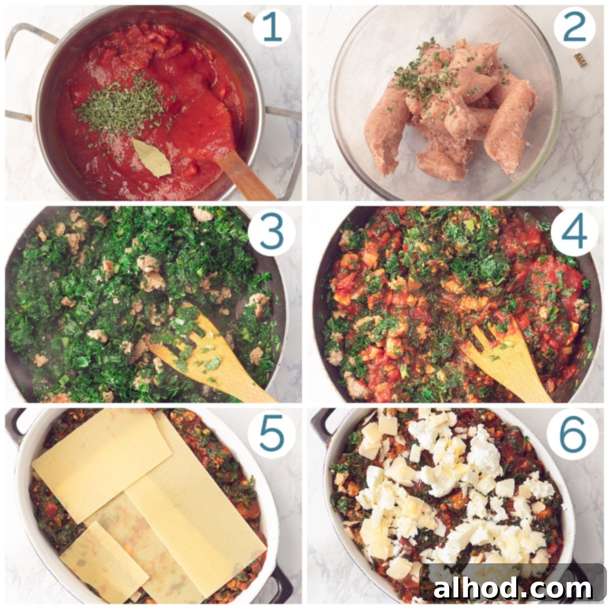 Hearty Sausage and Kale Lasagna Bake 4 A 6-photo collage illustrating the preparation steps for Sausage and Kale Lasagna.