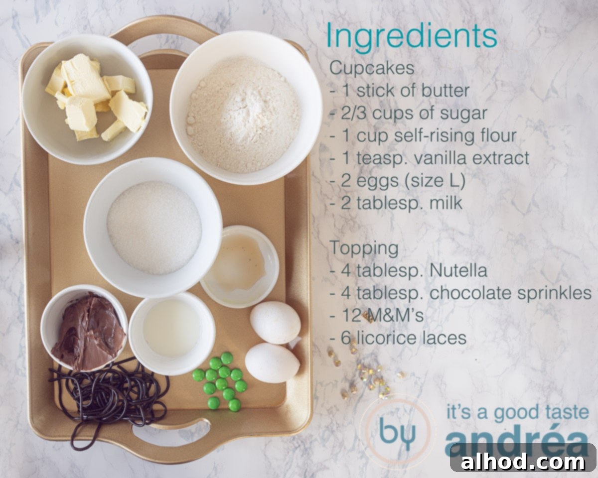 Spooky Licorice-Legged Spider Cupcakes 3 Ingredients for spider cupcakes neatly arranged on a golden tray, with a textual description of each item for clarity and ease of use.