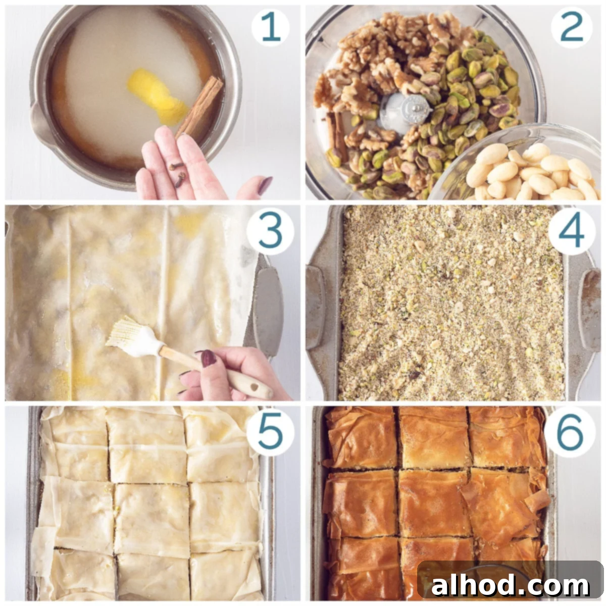 Sweet Greek Baklava Walnut Honey Perfection 4 Six-photo collage showing the step-by-step preparation of Greek Baklava with phyllo dough, from assembling layers to baking and syrupping.