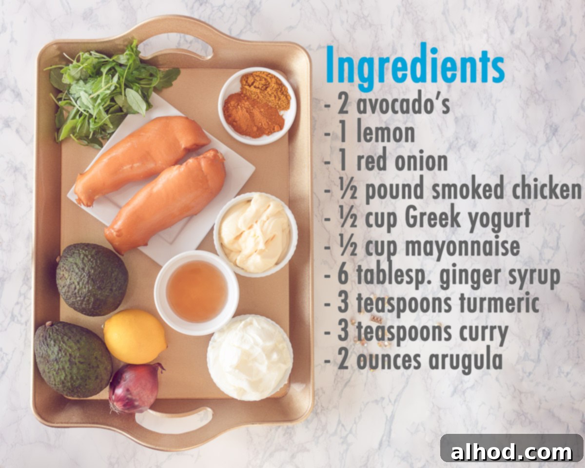 Smoky Chicken Avocado Bites 3 Arrangement of fresh ingredients including avocados, red onion, lemon, smoked chicken, yogurt, and spices on a golden tray, with ingredient descriptions on the side.