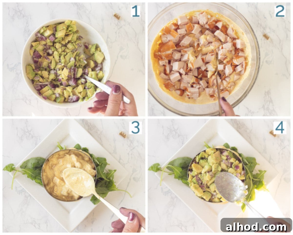 Smoky Chicken Avocado Bites 4 A four-photo collage illustrating the preparation steps of smoked chicken and avocado starter, from mixing ingredients to forming the tower.