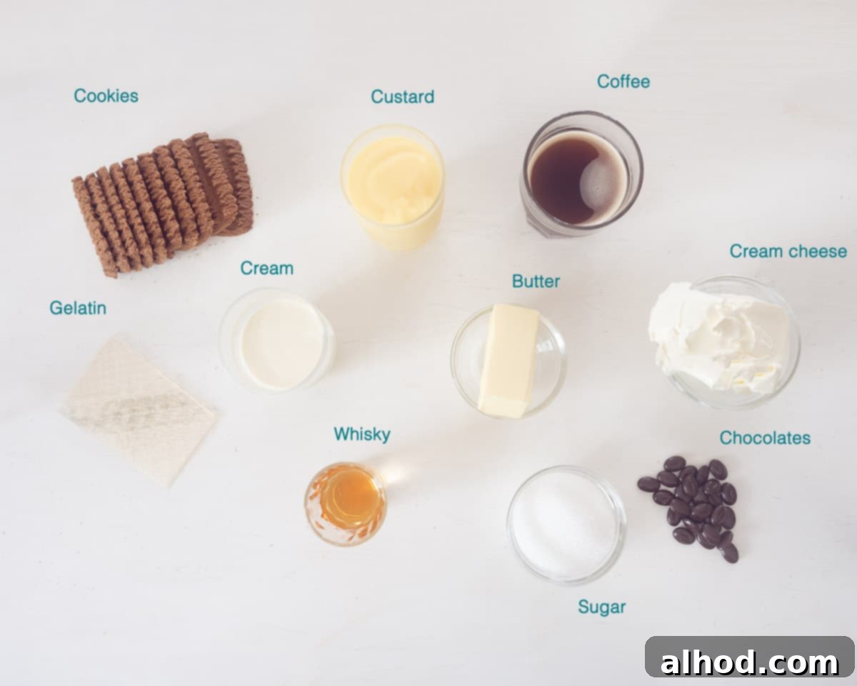 Irish Coffee Cheesecake 3 A vibrant photograph of the key ingredients for Irish Coffee Cheesecake, neatly laid out and individually labeled on a clean white background for easy identification.