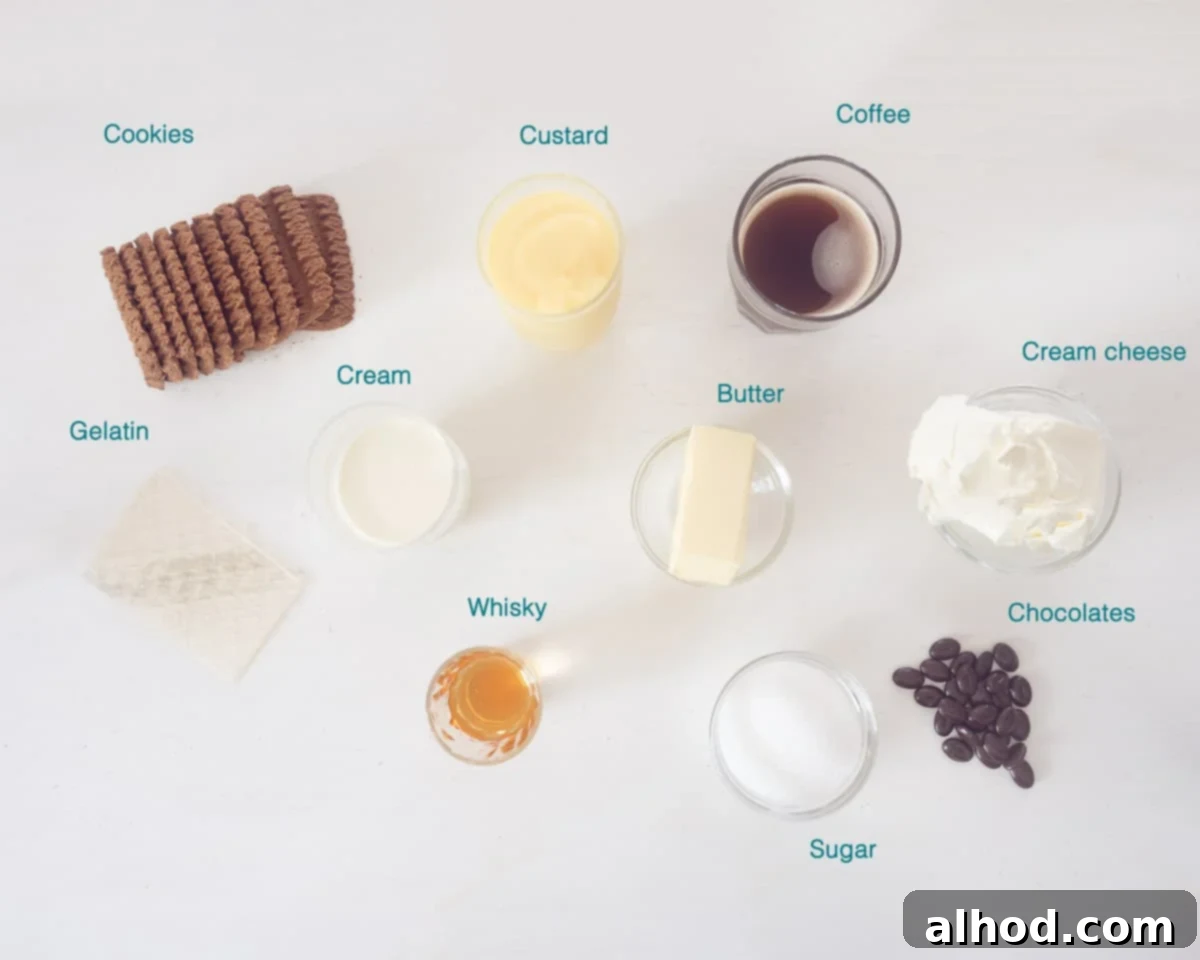 Decadent Irish Coffee Cheesecake 3 A curated display of ingredients for Irish Coffee Cheesecake, neatly arranged and individually labelled on a pristine white background. Items include cookies, butter, coffee, gelatin, whiskey, cream cheese, vanilla custard, and cream, ready for preparation.