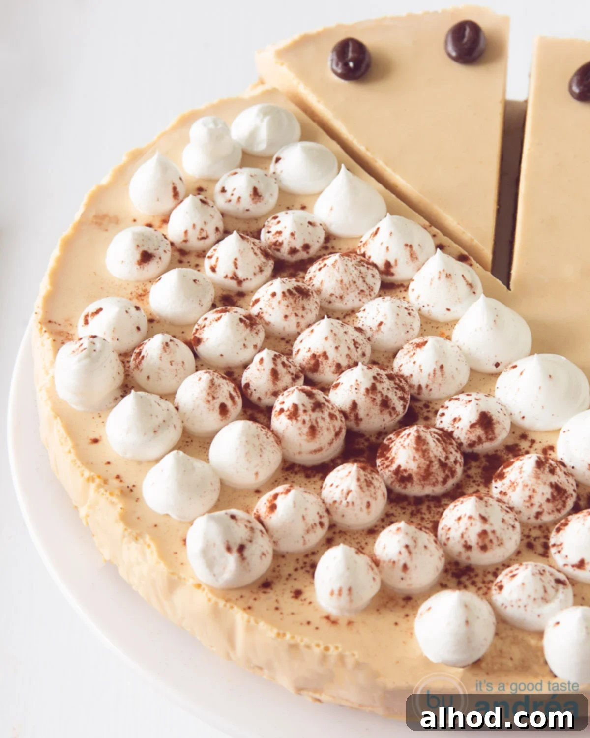 Decadent Irish Coffee Cheesecake 4 A perfectly sliced Irish Coffee Cheesecake on a white plate, showcasing its distinct layers of crumbly biscuit crust and rich, creamy coffee-infused filling. The background is a clean white surface, emphasizing the dessert's elegant simplicity. This inviting image suggests a delicious treat for any celebration.