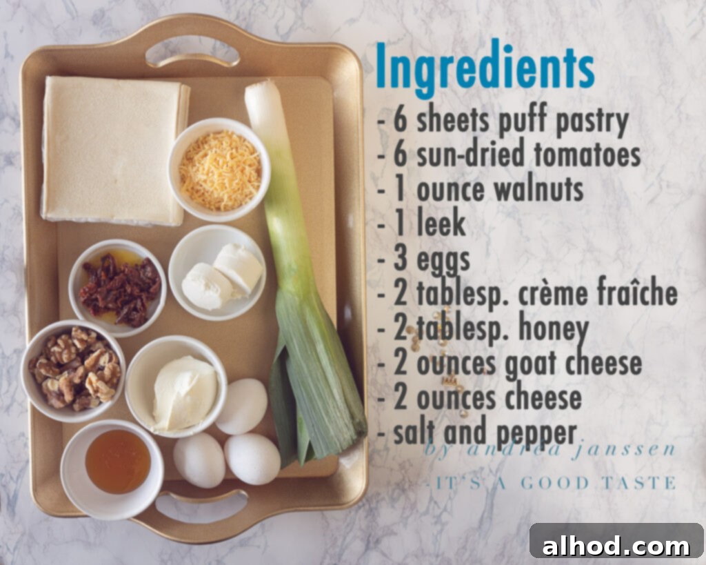 Gourmet Leek Goat Cheese Walnut Quiche 3 Ingredients Leek quiche with goat cheese and walnuts on a golden tray to the left. Ingredients in text on the right.