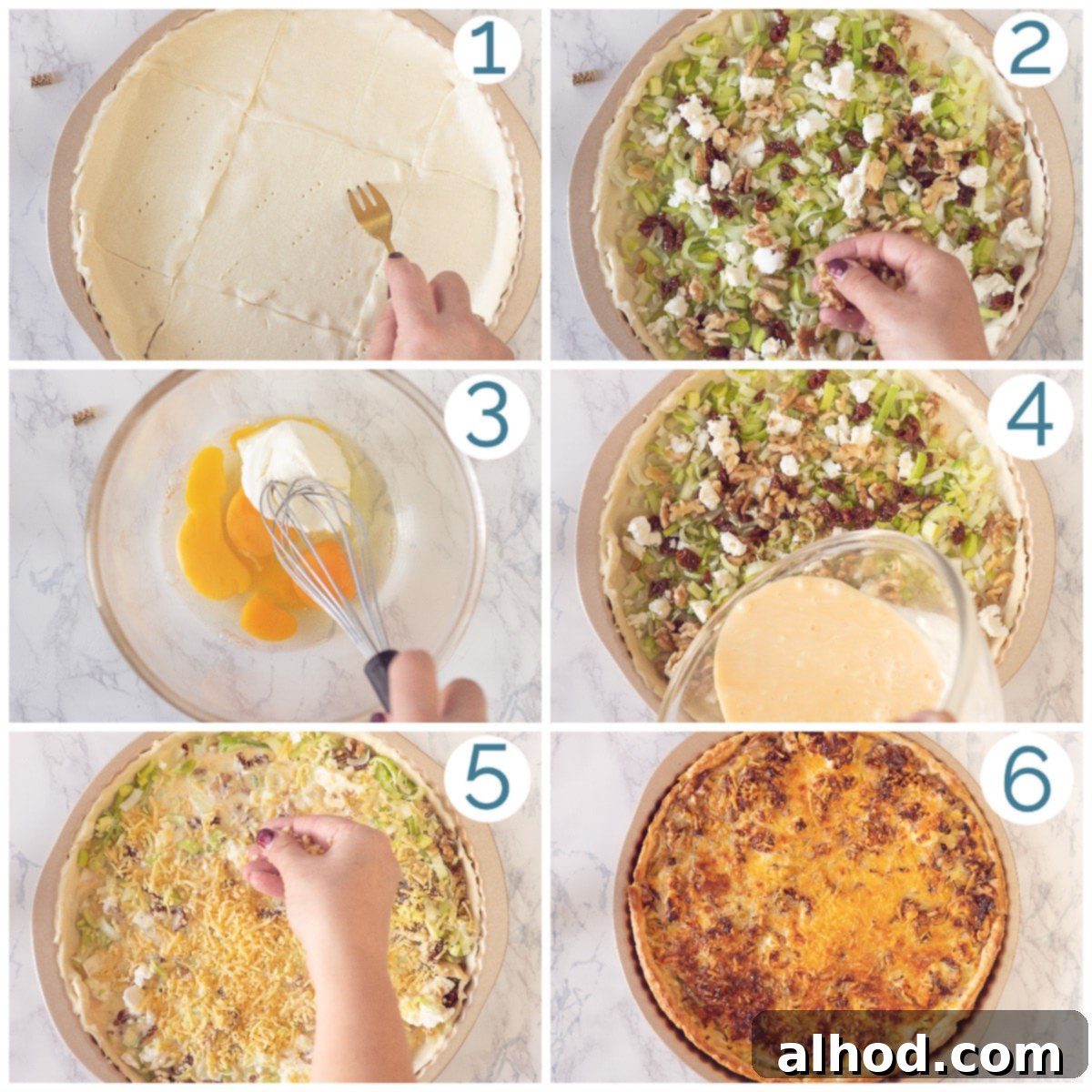 Gourmet Leek Goat Cheese Walnut Quiche 4 Preparation 6 photos collage Goat Cheese and Leek Quiche