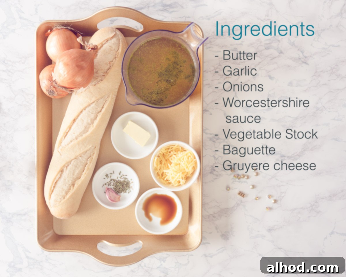 Savory Vegetarian French Onion Soup 3 Ingredients Easy onion soup with only 6 ingredients on a golden plate on the left. On the right a text description of the ingredients.