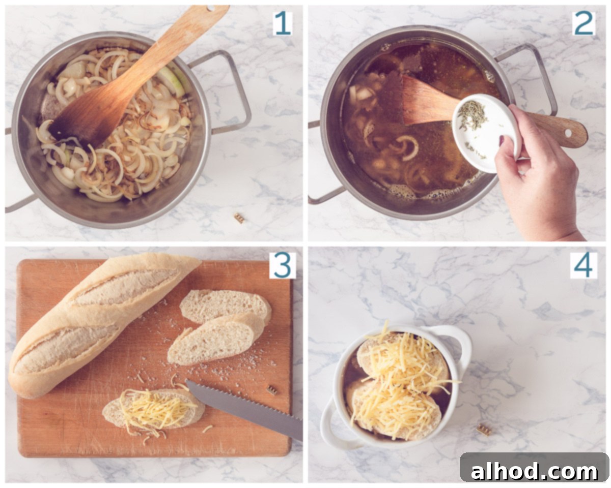 Savory Vegetarian French Onion Soup 4 Preparation of vegetarian French onion soup in four photos