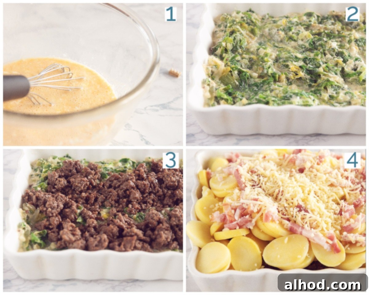 Baked Escarole, Potato, and Bacon Gratin 4 Visual guide showing four steps for preparing the Dutch Escarole Potato Bake with Ground Meat, illustrating the assembly process of the hearty casserole.