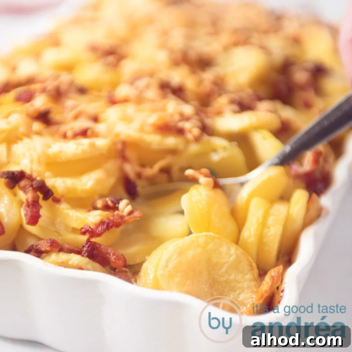 Baked Escarole, Potato, and Bacon Gratin 6 Square image featuring a corner of a white oven dish filled with layers of golden potato slices, crispy bacon, and melted cheese, highlighting the gratin's appetizing texture.