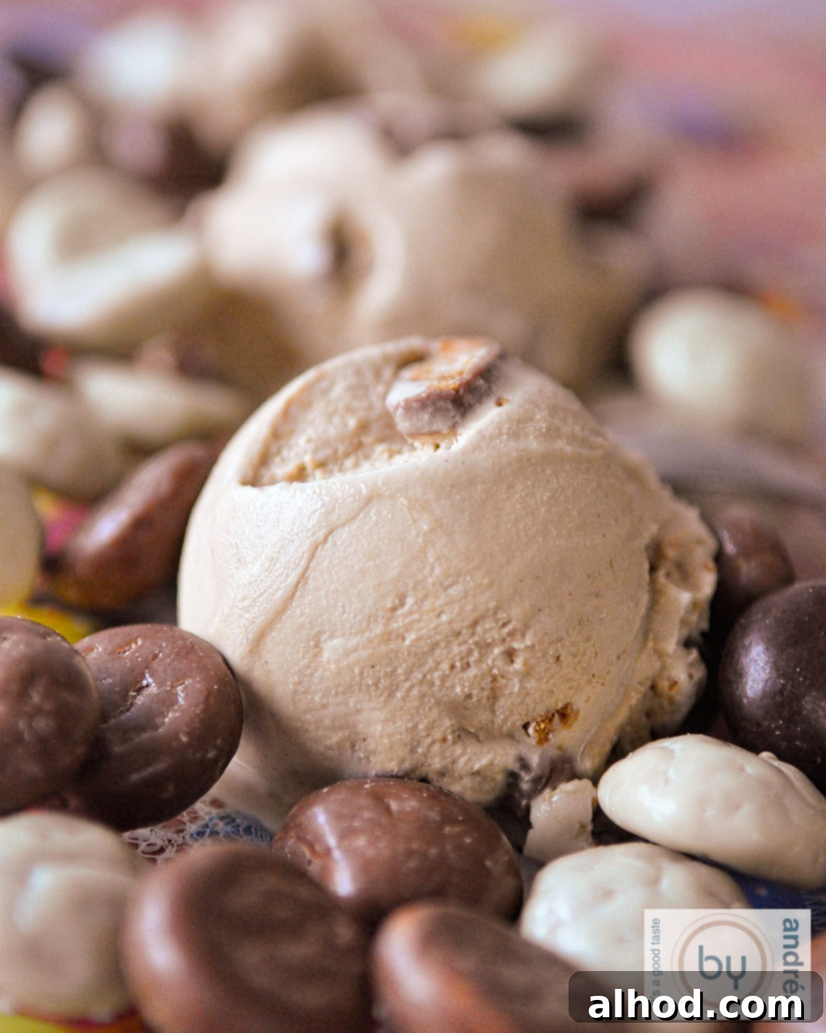Delicious Homemade Pepernoten Ice Cream 2 A scoop of homemade chocolate pepernoten ice cream on a bed of chocolate pepernoten, ready for Sinterklaas