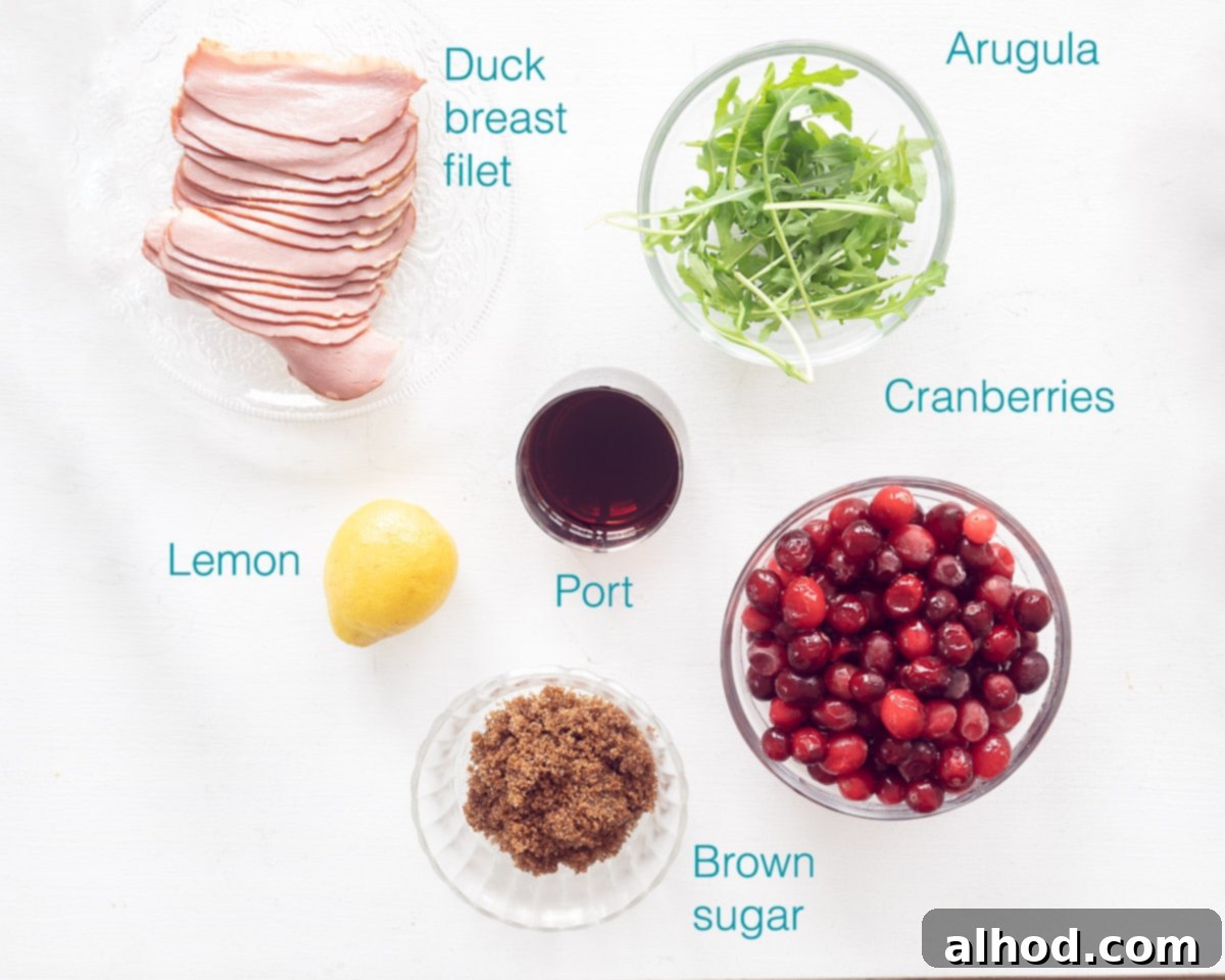 Duck Breast, Cranberry, Arugula Harmony 3 Ingredients for Smoked Duck Breast Amuse-Bouche with Cranberry Compote and Arugula arranged on a white background.