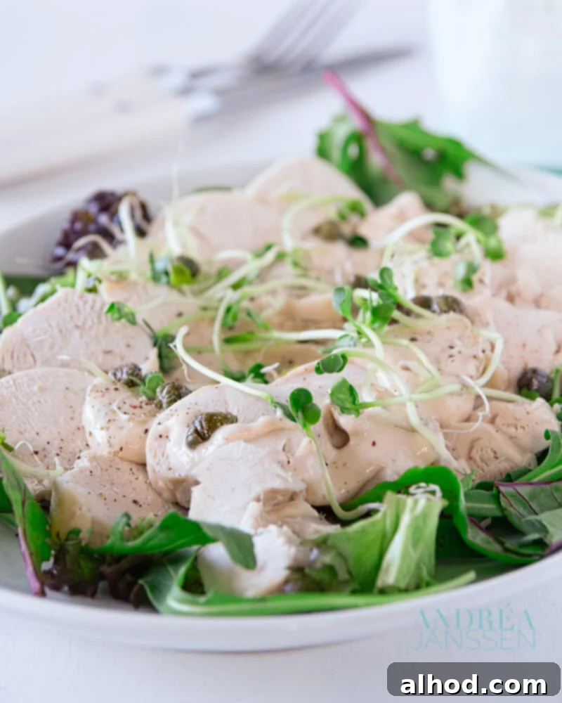 Anatolian Vitello Tonnato 2 delicious turkey vitello tomato on a white plate with green salad