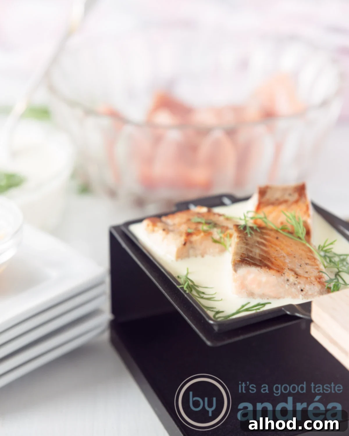 Raclette Salmon Baked in Creamy Dill Sauce 2 Zesty lime marinated salmon pieces for raclette
