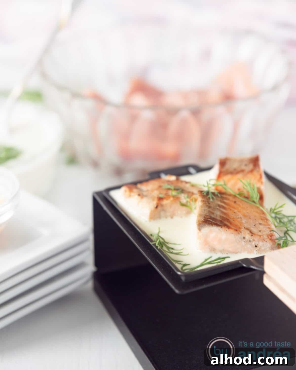 Raclette Salmon Baked in Creamy Dill Sauce 3 Delicious raclette salmon marinated in lime and dill cream