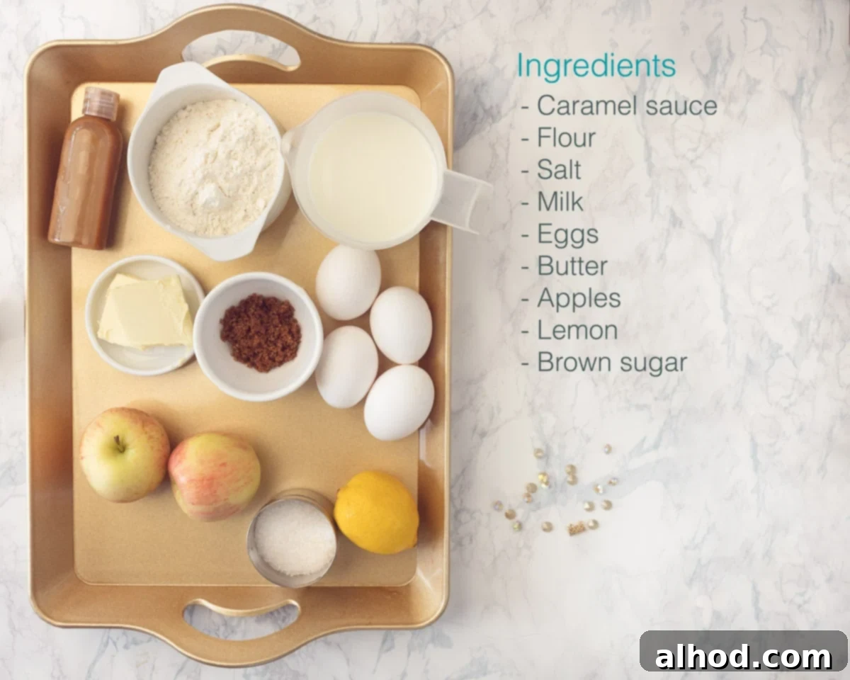 Ingredients Raclette recipe- crepes with baked apples on a golden tray. A marble background and on the right the ingredients text described