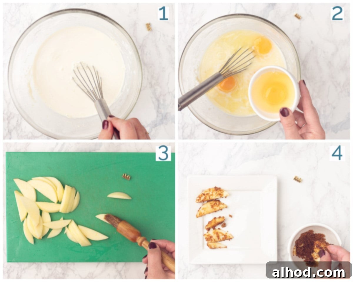 Raclette Sweet Treat: Caramelized Apple Crêpes 4 Preparation in 4 steps for a gourmet dessert: Crêpes with baked apples, showing ingredients being mixed and apples being prepared.