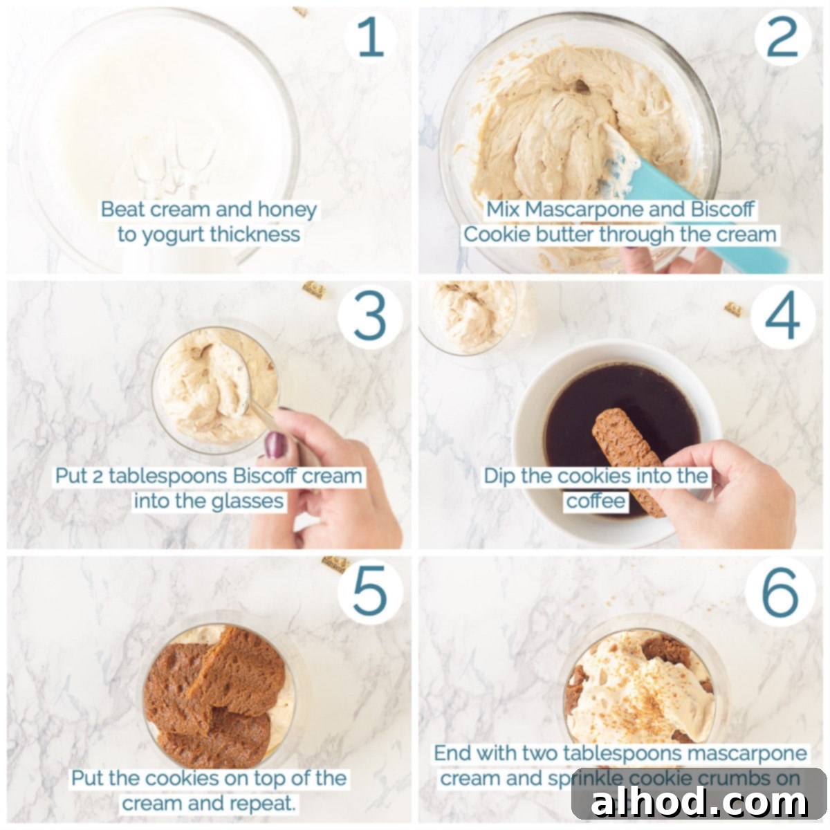 Creamy Biscoff Tiramisu 3 A visual step-by-step collage demonstrating the preparation of Speculoos Tiramisu with Biscoff Cookie Butter, from mixing ingredients to layering in a glass.