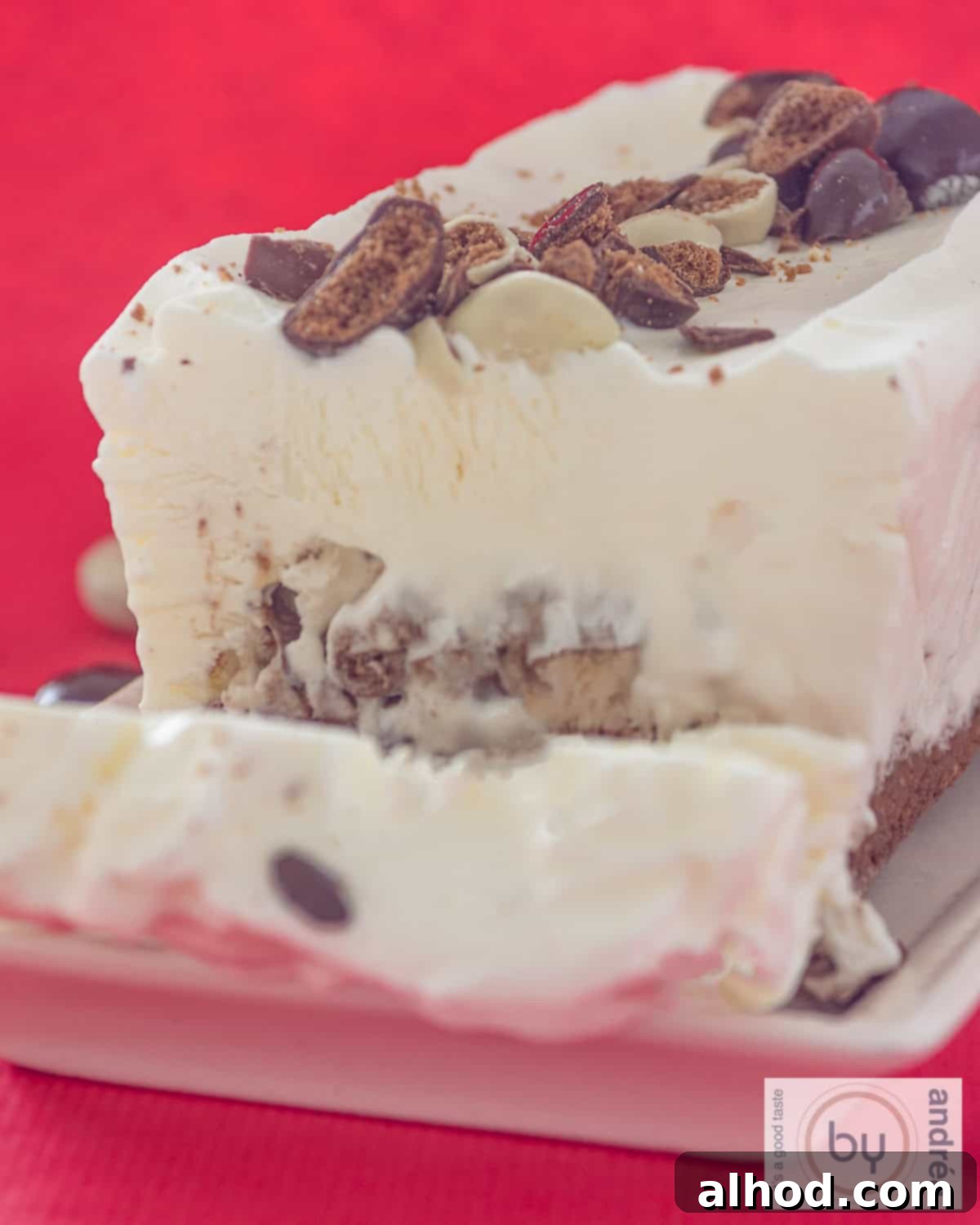 Dutch Pepernoten Holiday Ice Cream Dream 2 A height photo with a chocolate gingerbread ice cream cake from which a slice has been cut