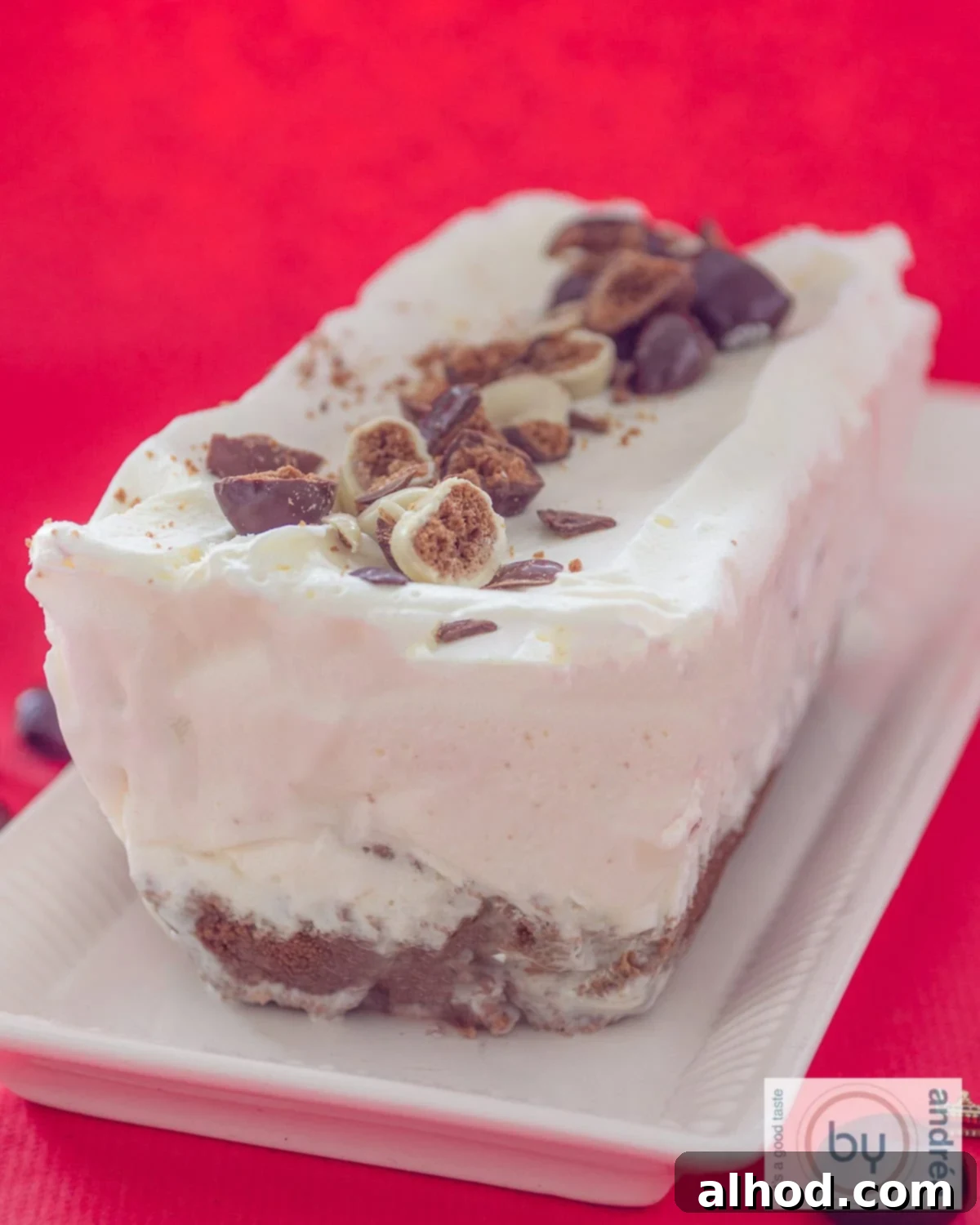 Festive Dutch Pepernoten Ice Cream Cake 3 A white cake stand with a chocolate gingerbread ice cream cake on a red background.