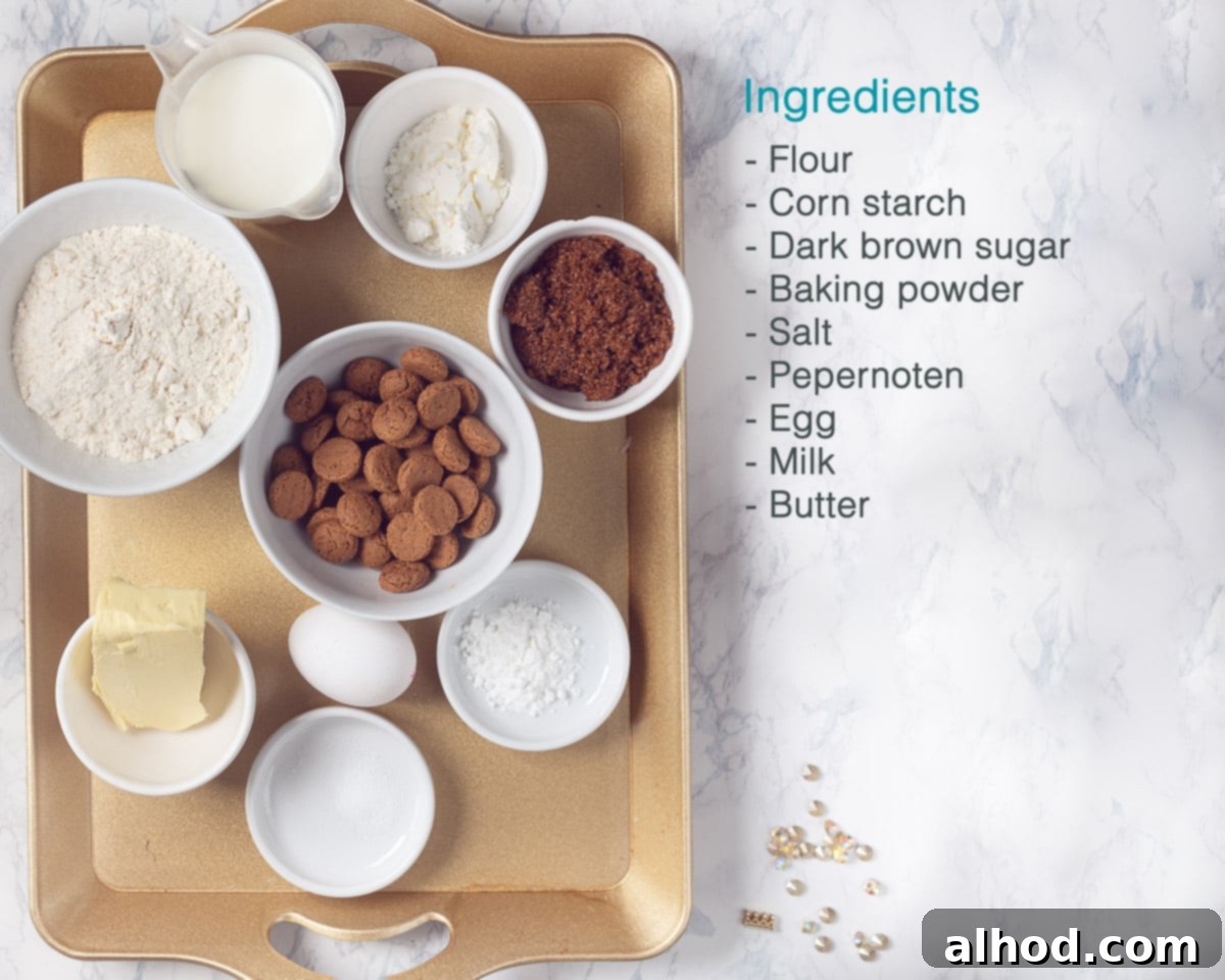 Dutch Pepernoten Surprise Muffins 3 Ingredients of pepernoten muffins on a golden tray on the left, on the right a text description of the ingredients