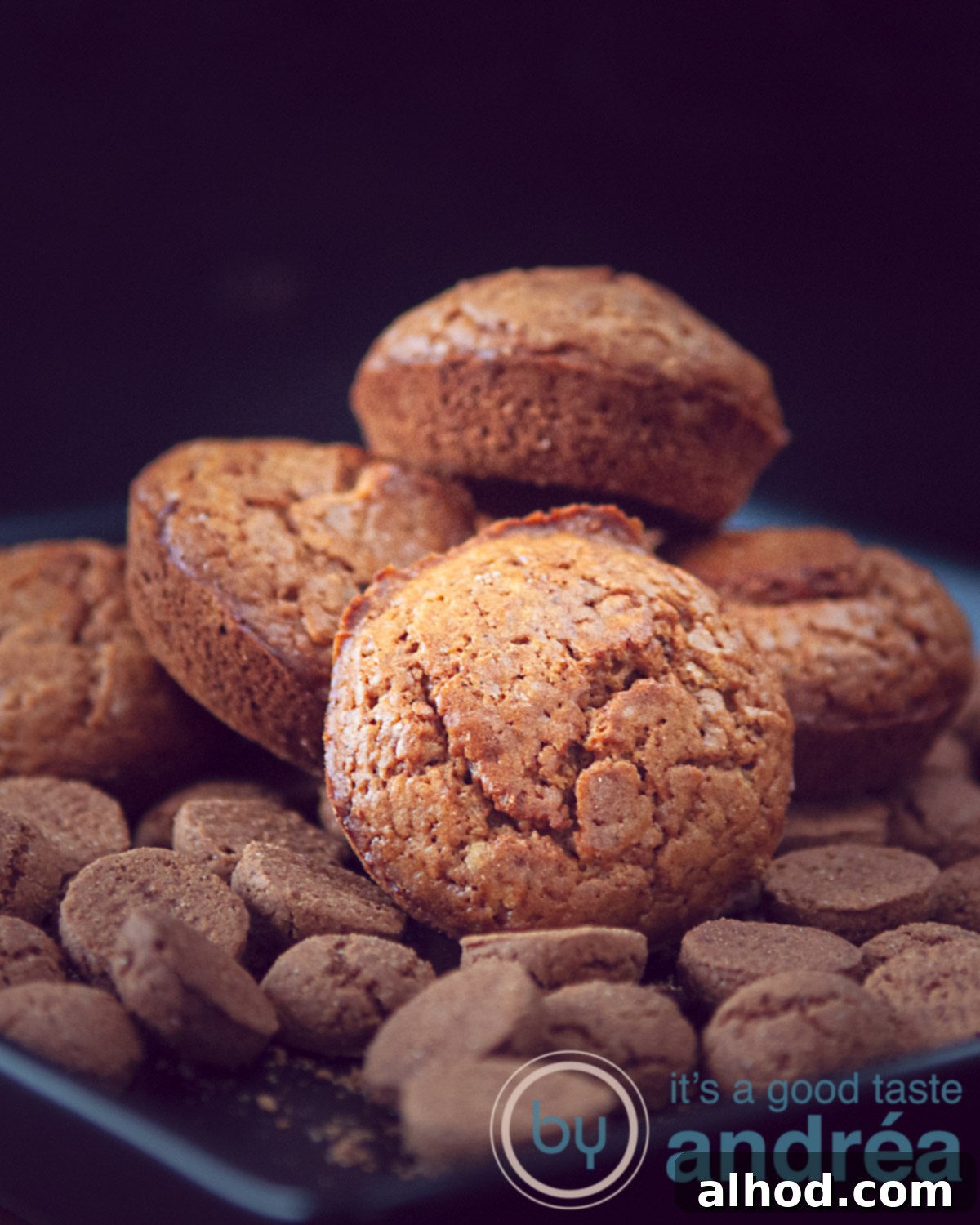 Dutch Pepernoten Surprise Muffins 5 Pepernoten muffins on a bed of ginger nuts in a black background