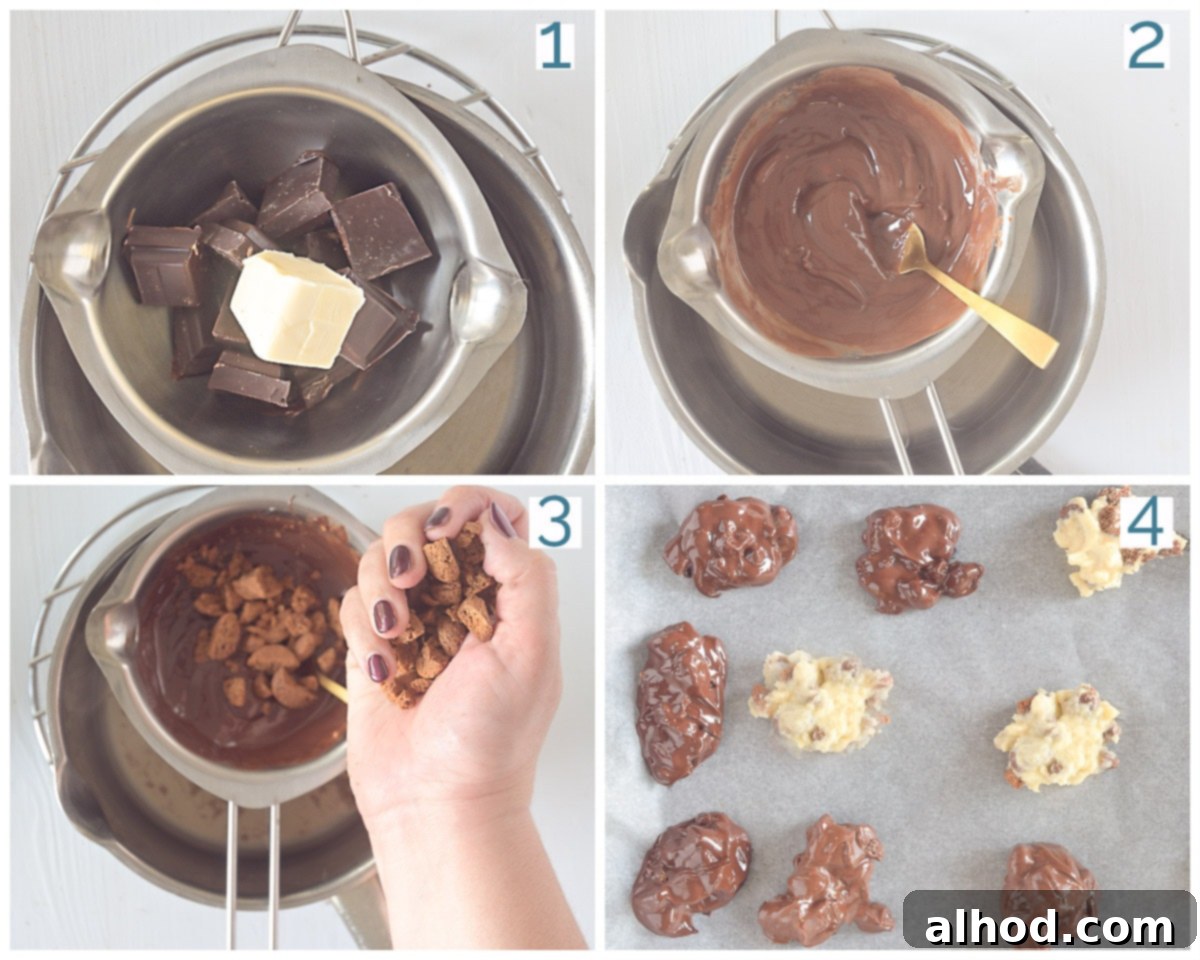 Pepernoten Chocolate Discs 4 Four step-by-step photos illustrating the preparation of Pepernoten Chocolates, showing melting chocolate, mixing pepernoten, and forming the treats.