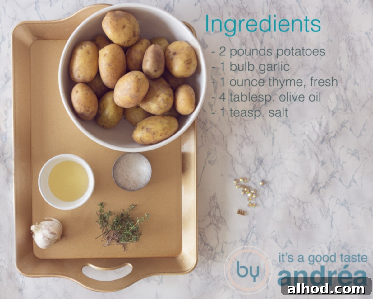 Ingredients for roast potatoes with thyme and garlic displayed on a golden tray. On the right, a text description of each ingredient.