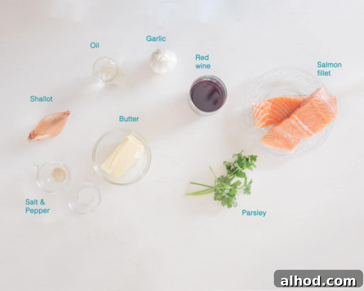 A flat lay photo of all individual ingredients needed to make Salmon with a Red Wine Compound Butter, neatly labelled on a white background.
