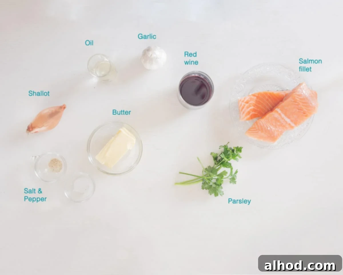 Salmon with Red Wine Infused Butter 3 Ingredients Salmon with a Red Wine Compound Butter, individually labelled on a white background