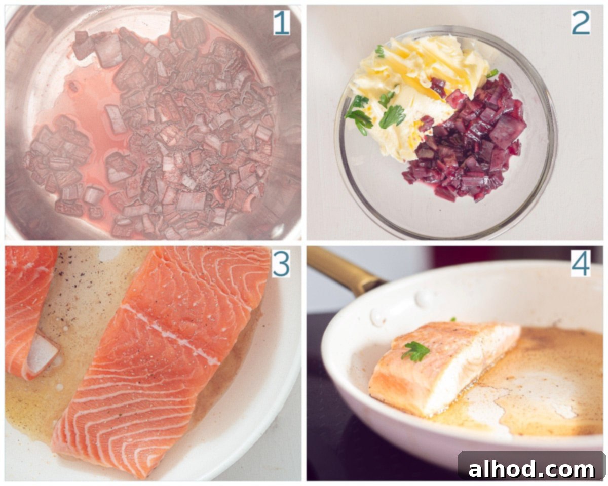 A four-panel collage showing the preparation steps for Salmon with Red Wine Compound Butter, including wine reduction, butter mixing, and salmon searing.