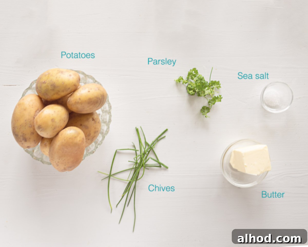 Buttery Parsley Potatoes 3 Ingredients Boiled Parsley Potatoes with Butter on a white background with a blue text with the ingredient names