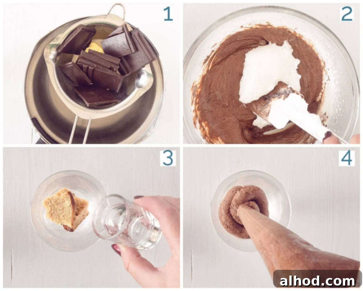 Decadent Chocolate Mousse Trifle 4 A four-panel collage showing the step-by-step preparation of Triple Chocolate Mousse, from melting chocolate to layering in a glass.