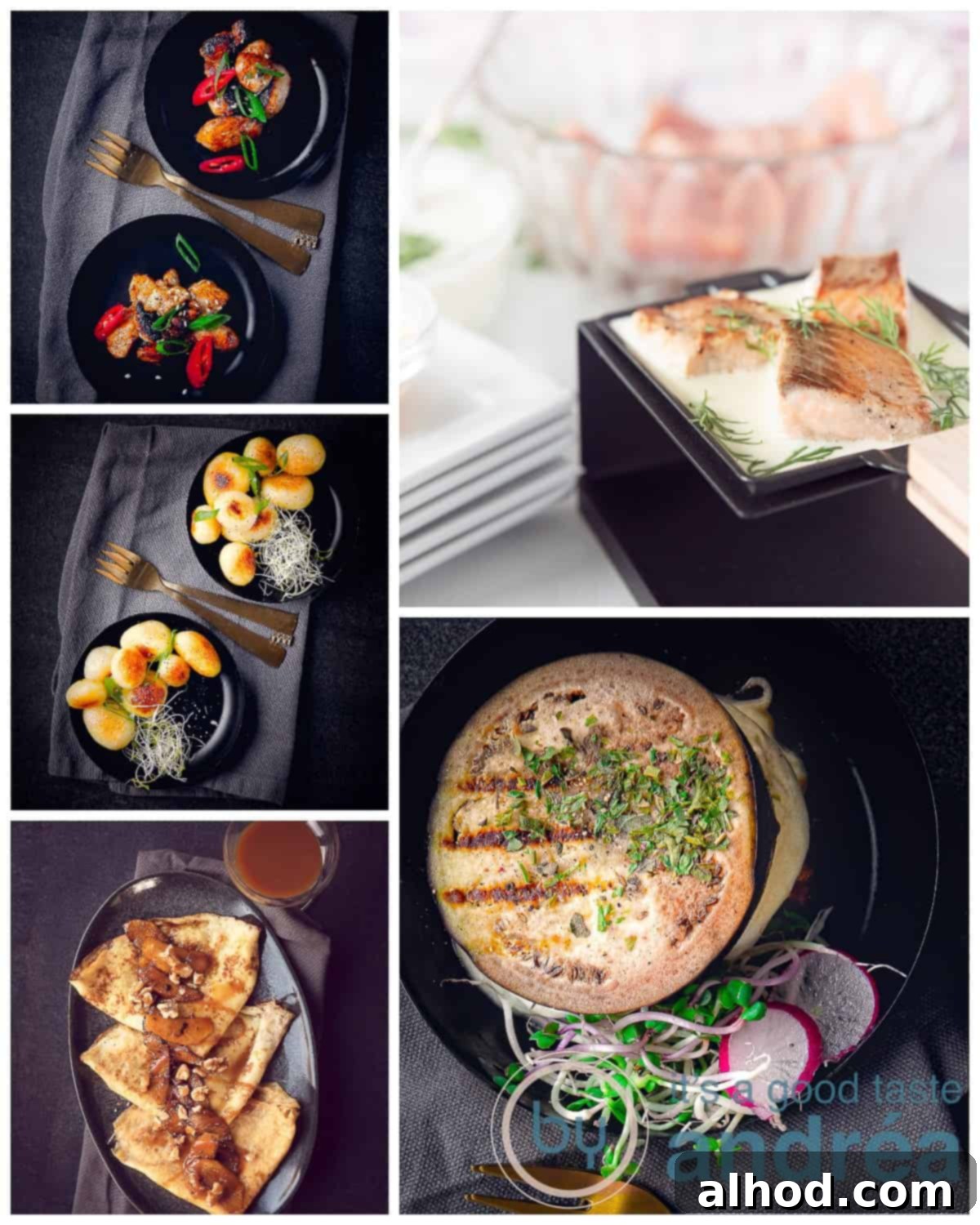 A collage with five gourmet raclette recipes: salmon in cream sauce, vegetarian aubergine with mozzarella, crepes with apples, baby potatoes and chicken with sesame seeds. Each dish represents a different category of raclette meal.